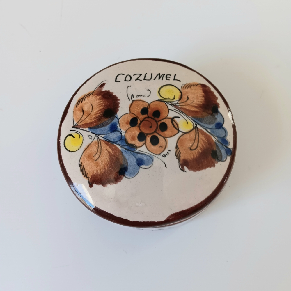 vintage Mexican cozumel Hand Painted Pottery Trinket Dish W/Lid Floral Container